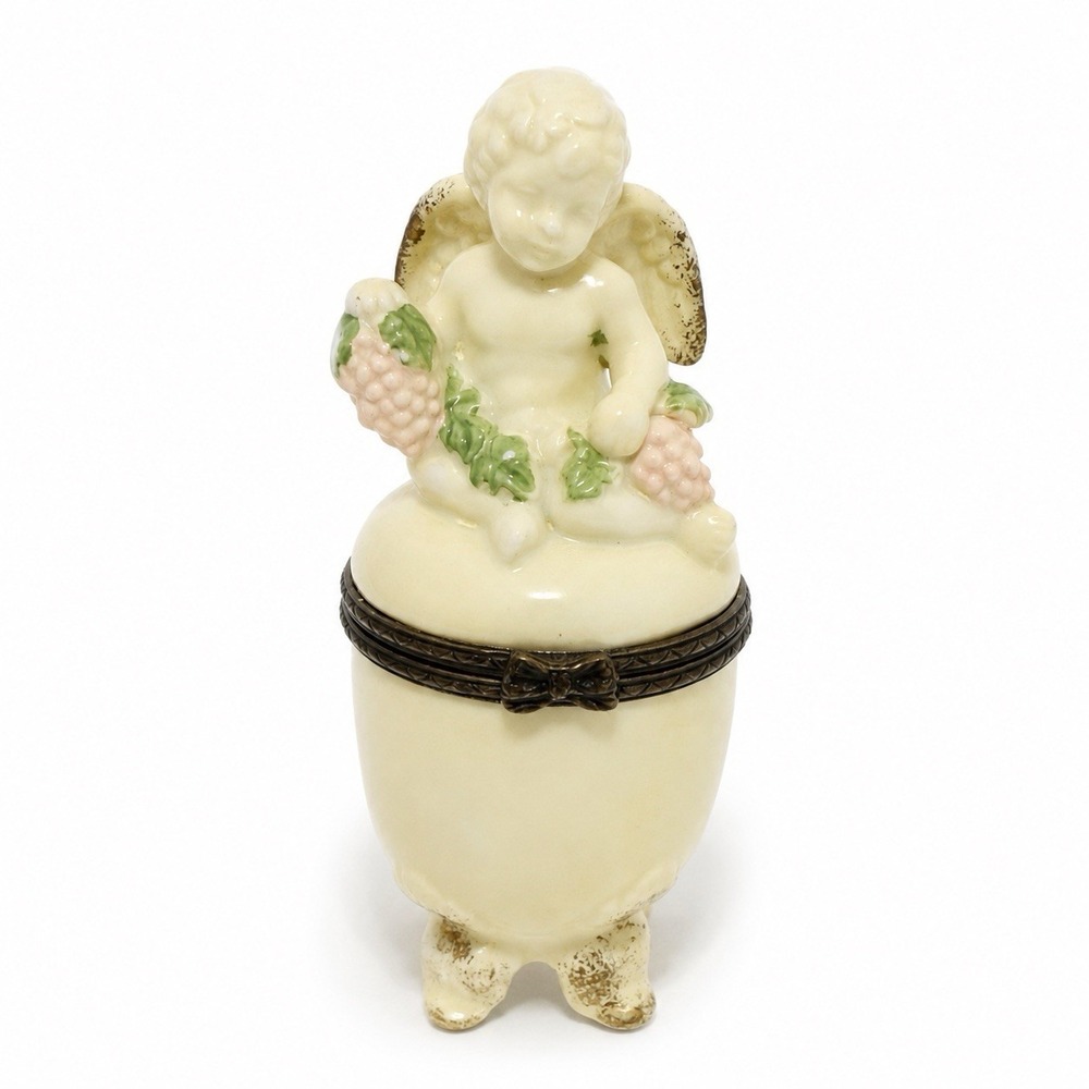 Vintage Midwest of Cannon Falls Cherub Grapes Porcelain Hinged Trinket Box 4"